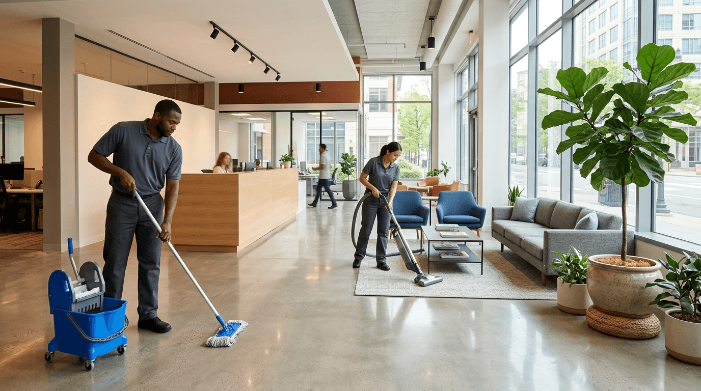 Commercial cleaning team finishing a modern office lobby, vacuum and mops, bright interior