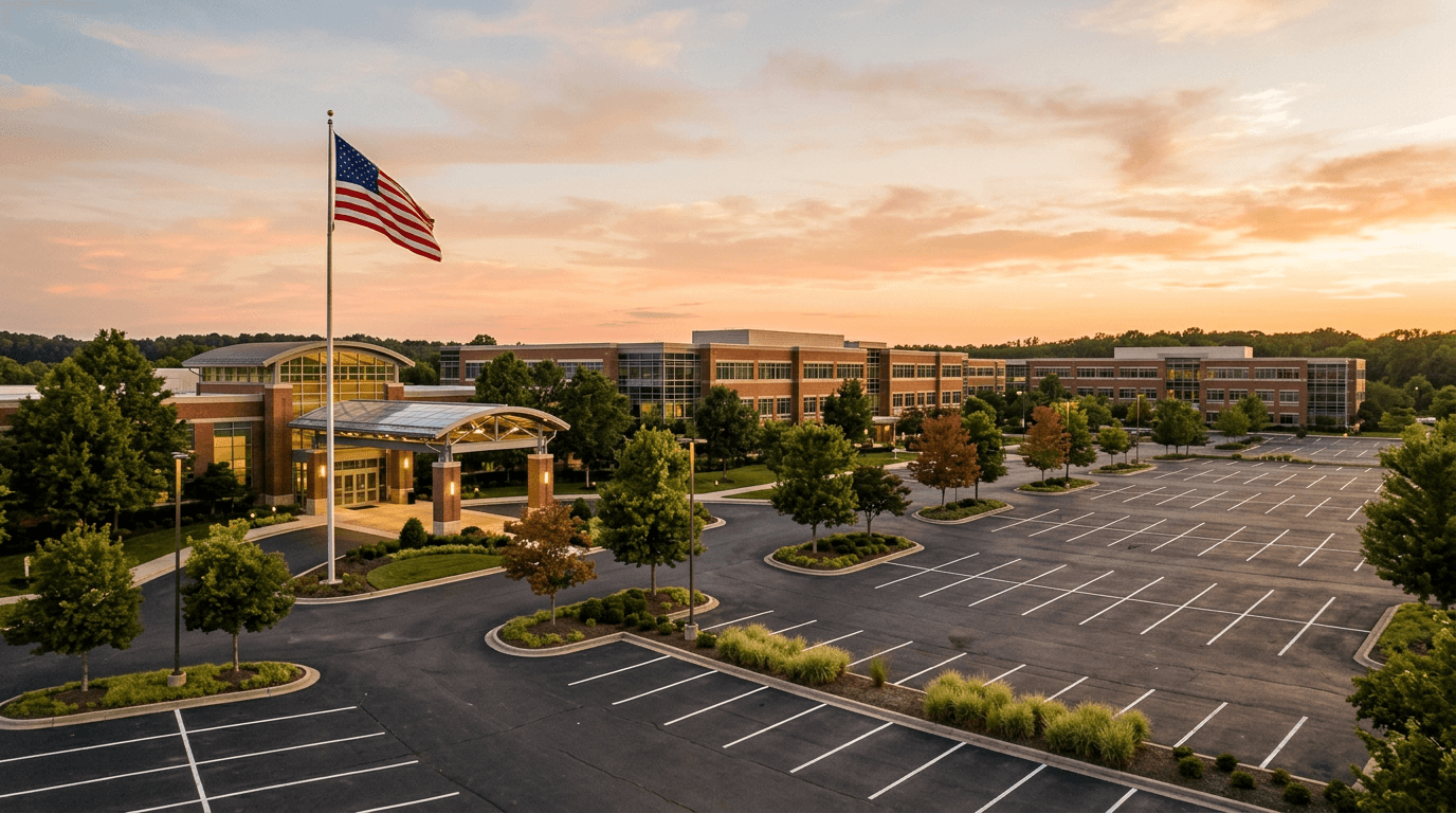 Wide facility view: campus or commercial property context for on-site service and account leadership