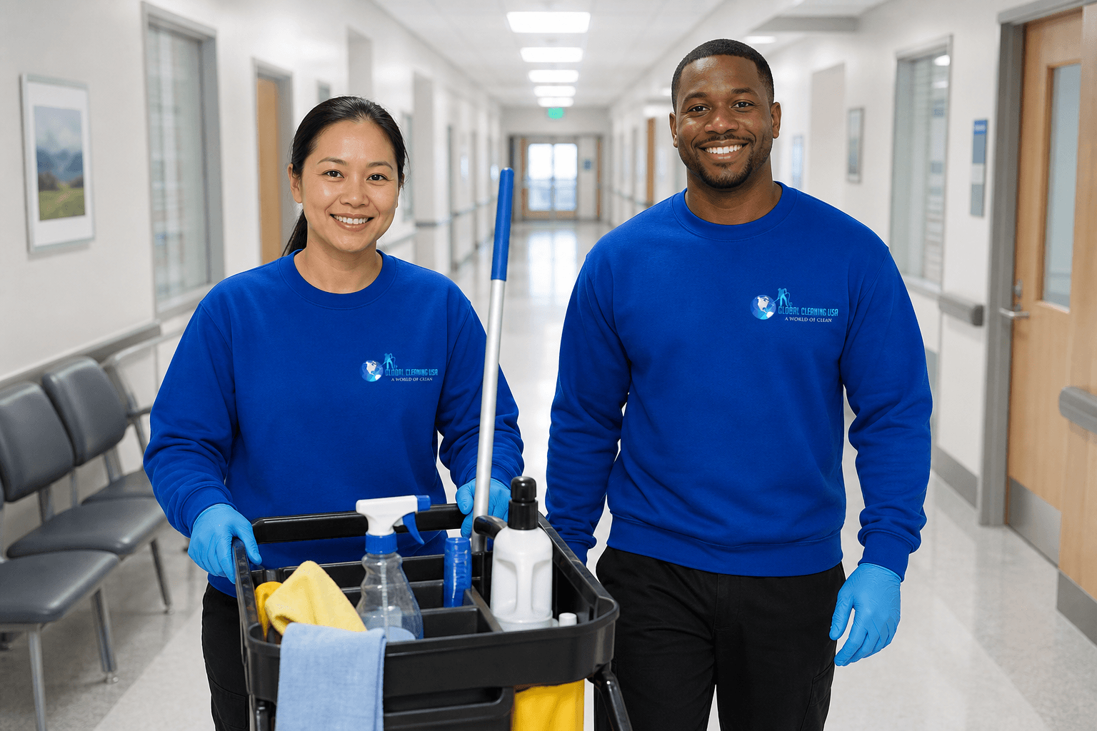 Cleaning technicians in royal blue Global Cleaning USA shirts with janitorial cart in a bright clinic corridor