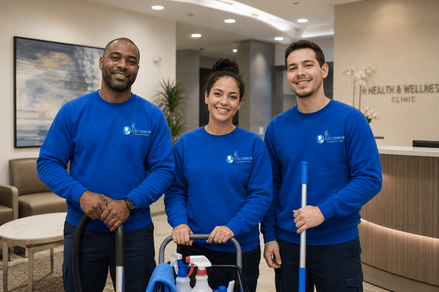 Cleaning staff in royal blue Global Cleaning USA shirts in a clinic waiting or reception area