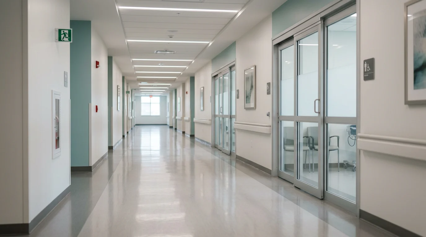 Pristine modern hospital or clinic corridor with polished floors and soft lighting — medical facility cleaning context