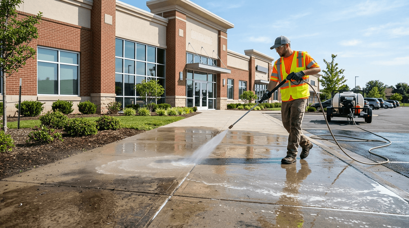 Power washing: pressure washer and wet concrete on a commercial building approach, daytime