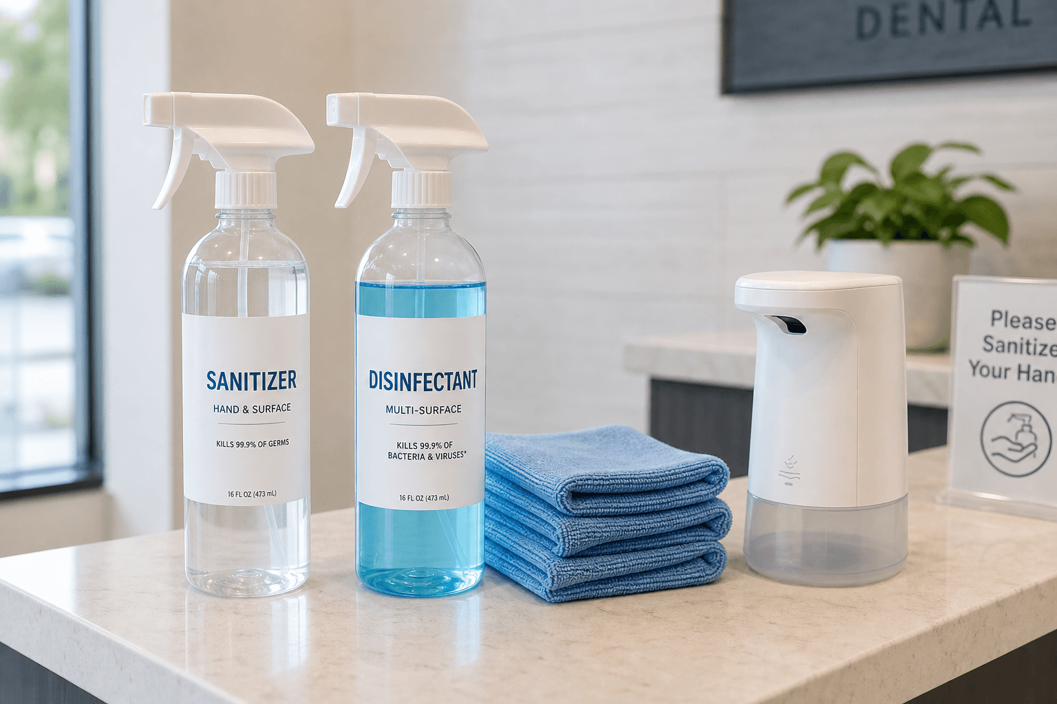 Spotless reception counter with neatly arranged sanitizing supplies and gleaming surfaces; no people