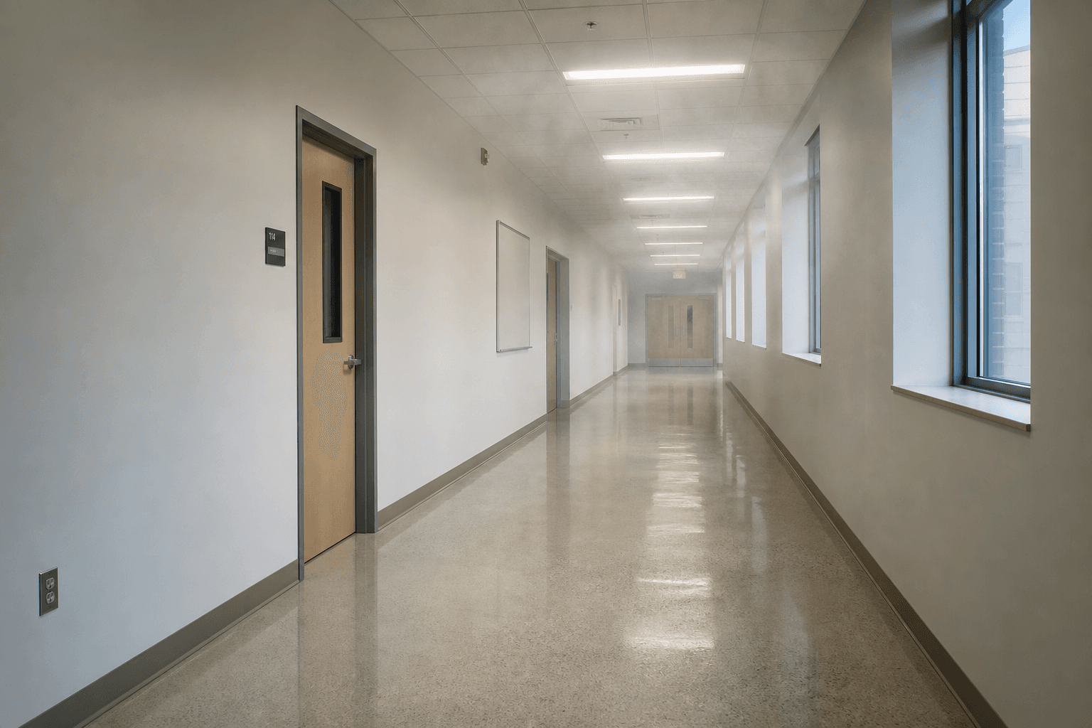 Simple facility hallway with light disinfecting mist for electrostatic spraying services; no people