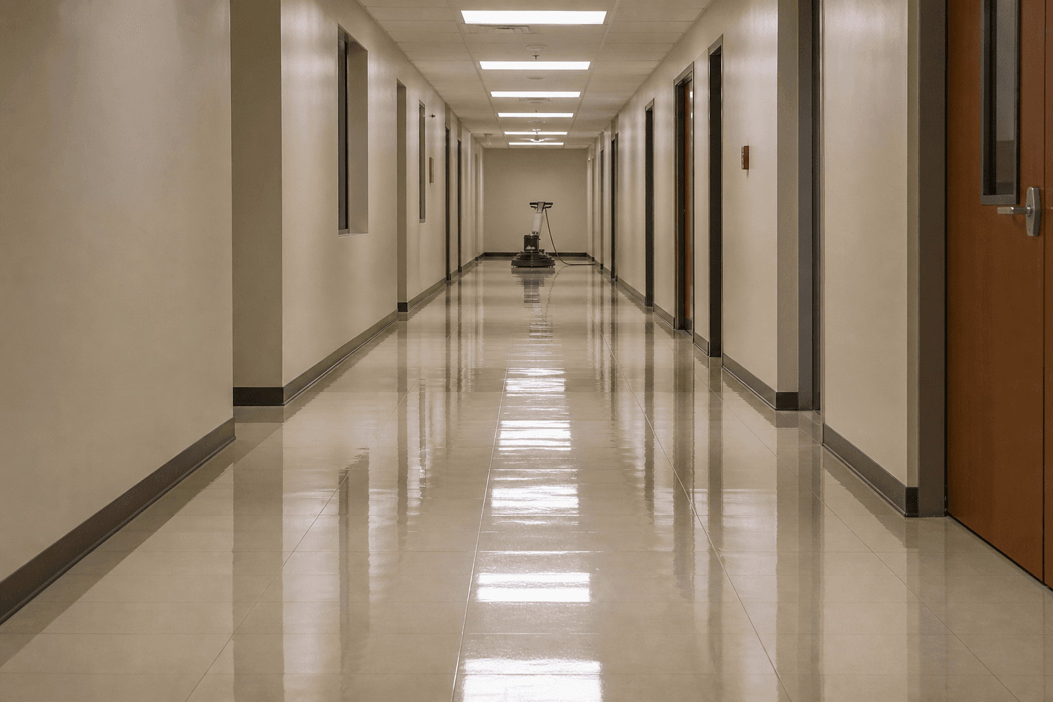Simple waxed commercial hallway and floor burnisher for strip, wax, and polish services; no people