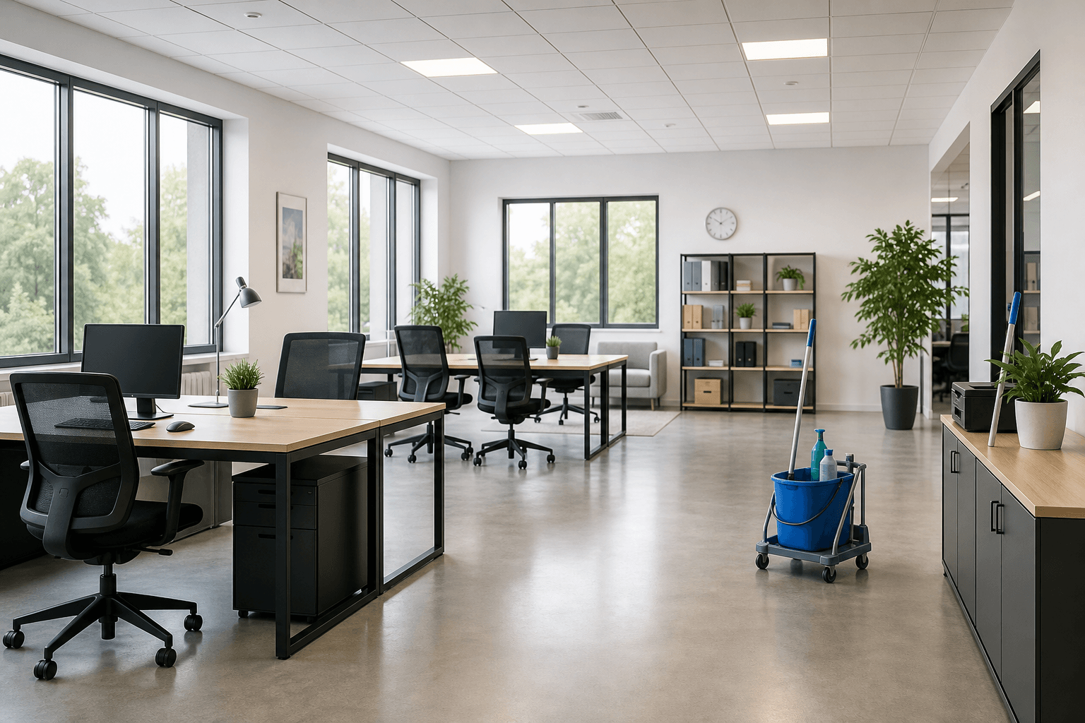 Simple empty modern office setting for commercial office cleaning; no people