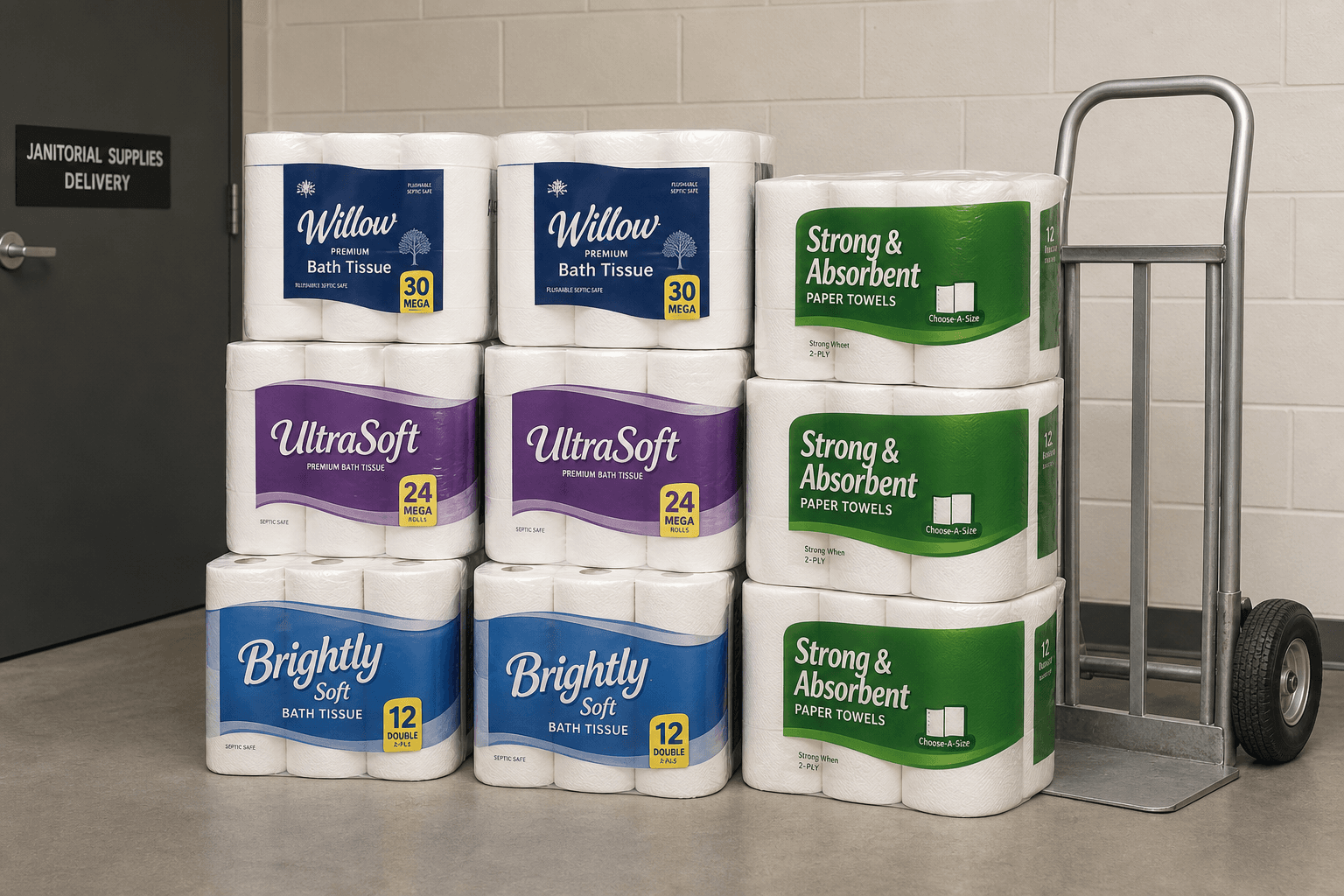 Simple stacked toilet paper and paper towel supplies with hand truck for janitorial supply delivery; no people