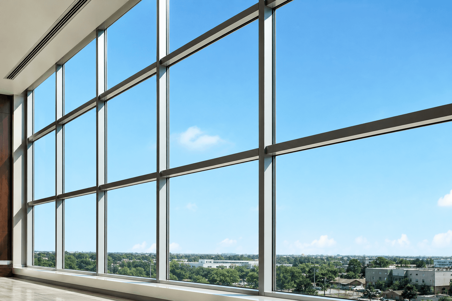 Simple streak-free commercial windows and sky for window washing services; no people
