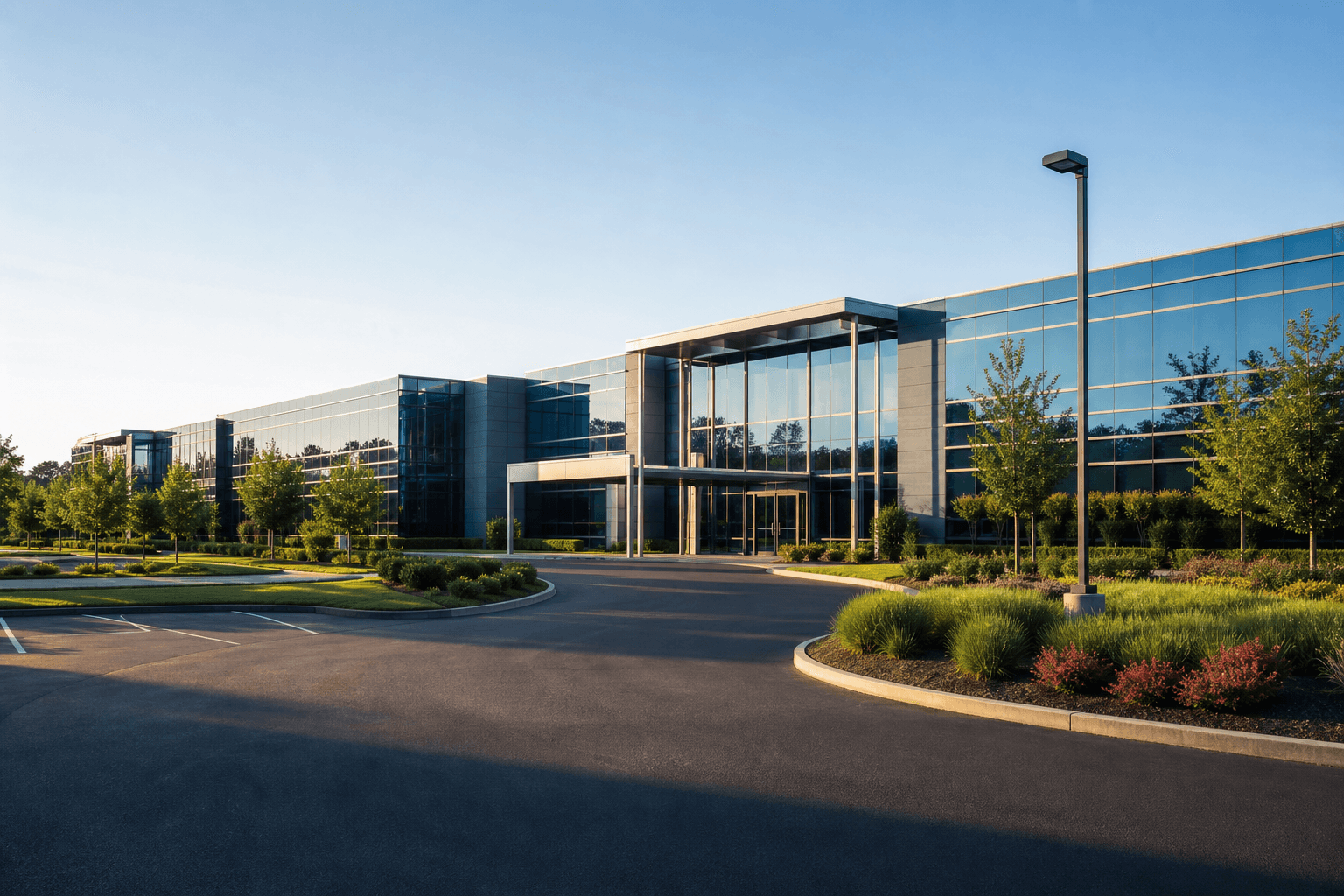 Marketing still: modern Class A executive office park buildings in New Jersey, glass and landscaping, daytime