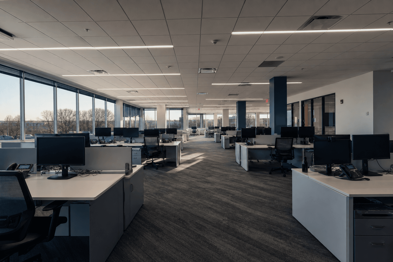 Wide empty open-plan office with workstations and windows, ready for nightly cleaning; no people