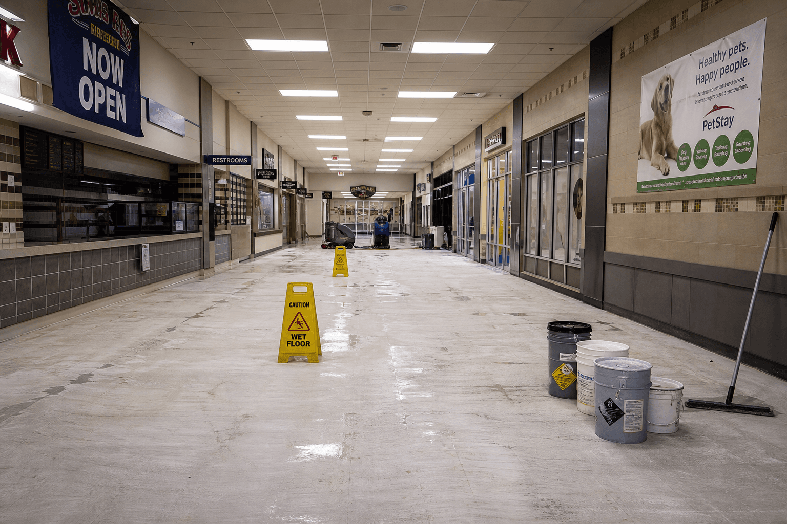 Wide commercial corridor mid strip-and-wax project with floor finish supplies and wet-floor signs; no people