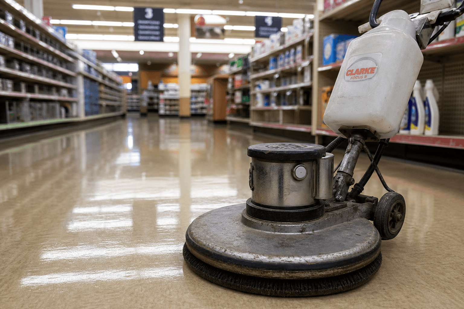 Burnisher on high-gloss VCT in empty retail aisle, wide angle; no people