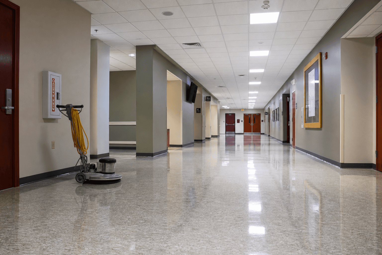 Wide empty commercial hallway with glossy waxed VCT floor and floor-care machine parked at side; no people