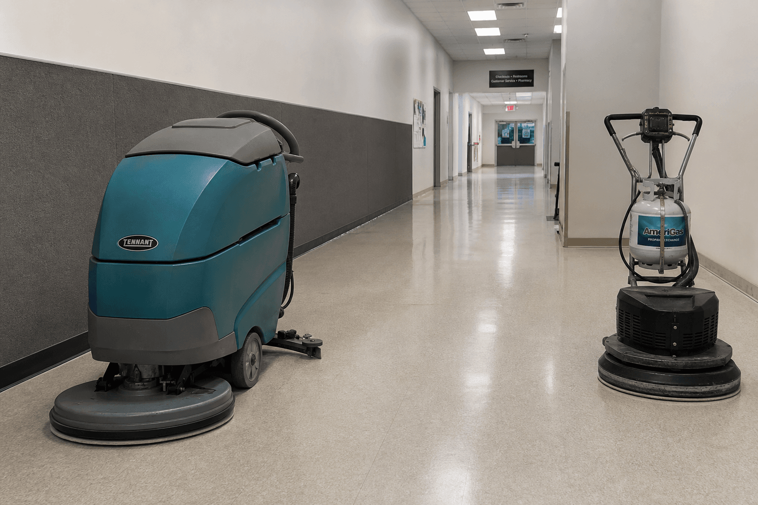 Close wide view of auto scrubber and burnisher on sheet vinyl in empty facility; no people