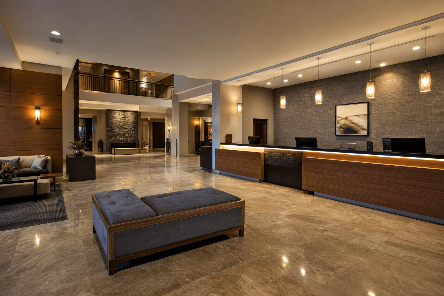 Wide empty hotel lobby with front desk and luggage area, warm lighting; no people