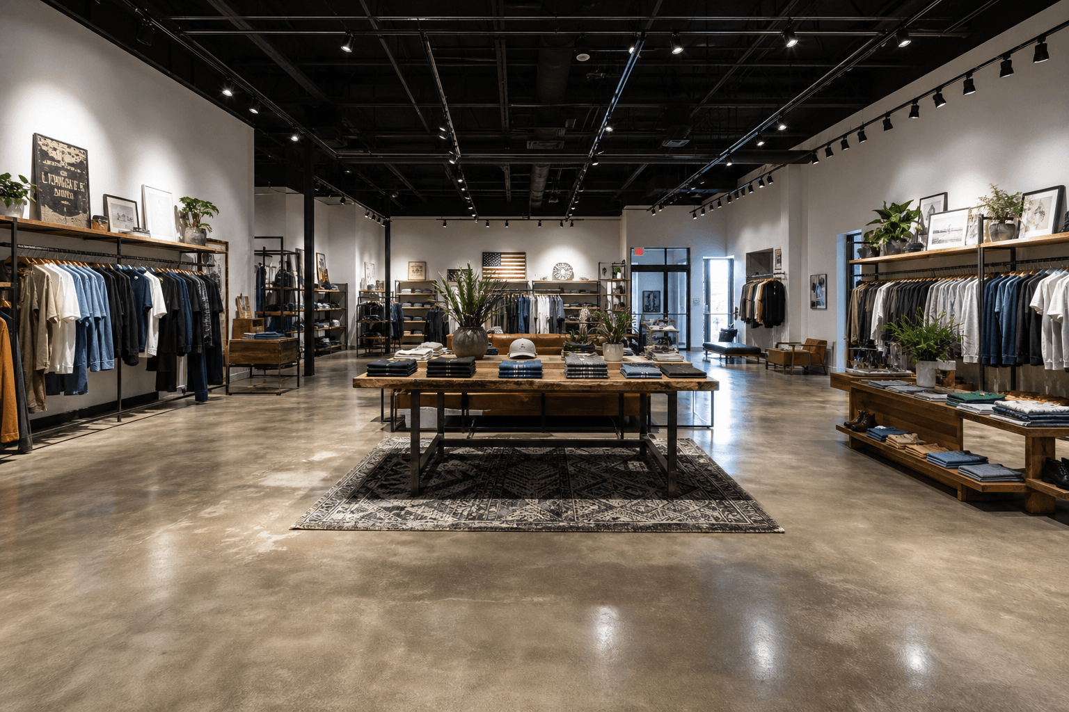 Empty retail showroom floor with racks and polished concrete, wide angle; no people