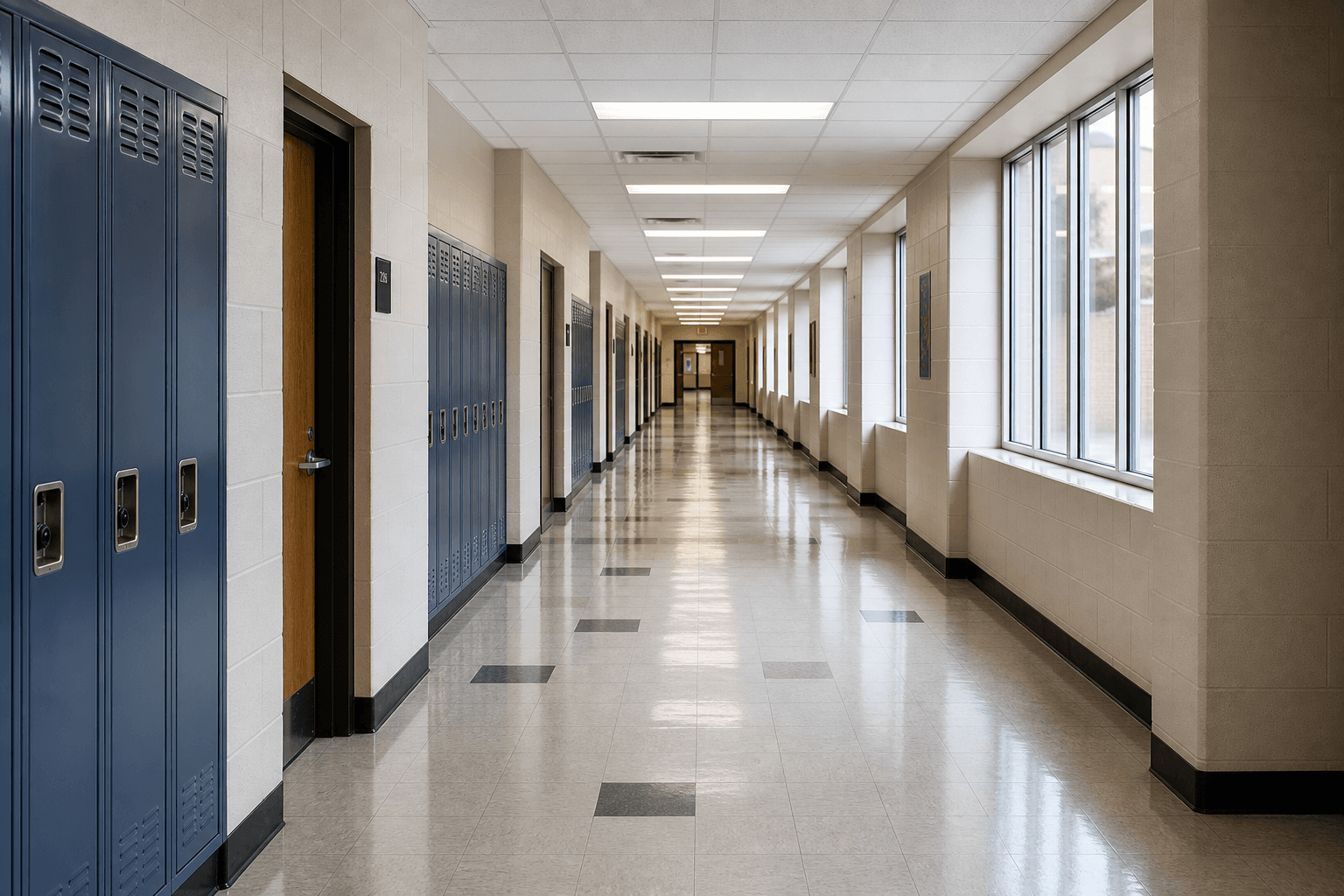 Long empty school or office corridor with lockers or doors, bright overhead light, clean VCT floor; no people