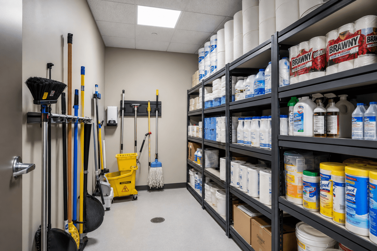 Wide janitor closet with organized shelves of paper goods and cleaning supplies, commercial building; no people