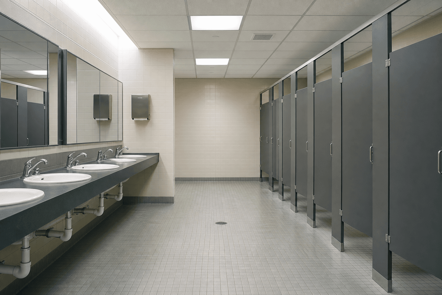 Empty public restroom row with stalls and sinks, bright and clean, institutional tile; no people