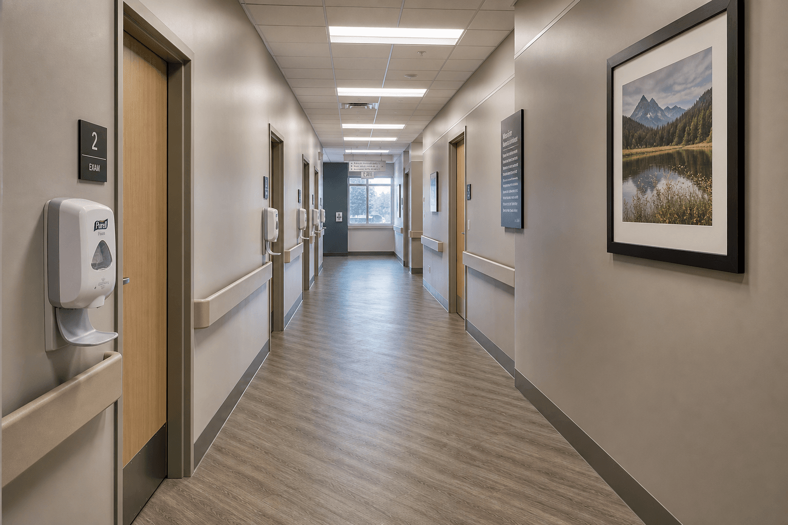Wide empty outpatient clinic corridor with exam doors and hand sanitizer stations; no people