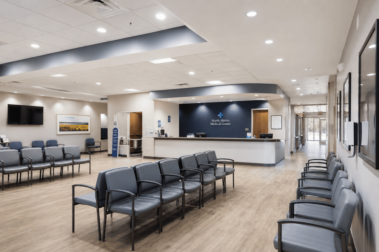 Empty medical waiting area with chairs and reception counter, clinical lighting; no people