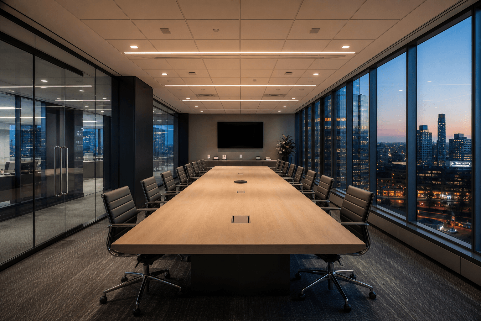 Empty conference room with glass wall and long table, evening light; no people