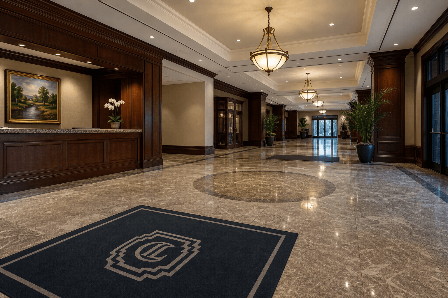Wide hotel or office lobby with entry mats, polished stone floor, and seating; daytime; no people