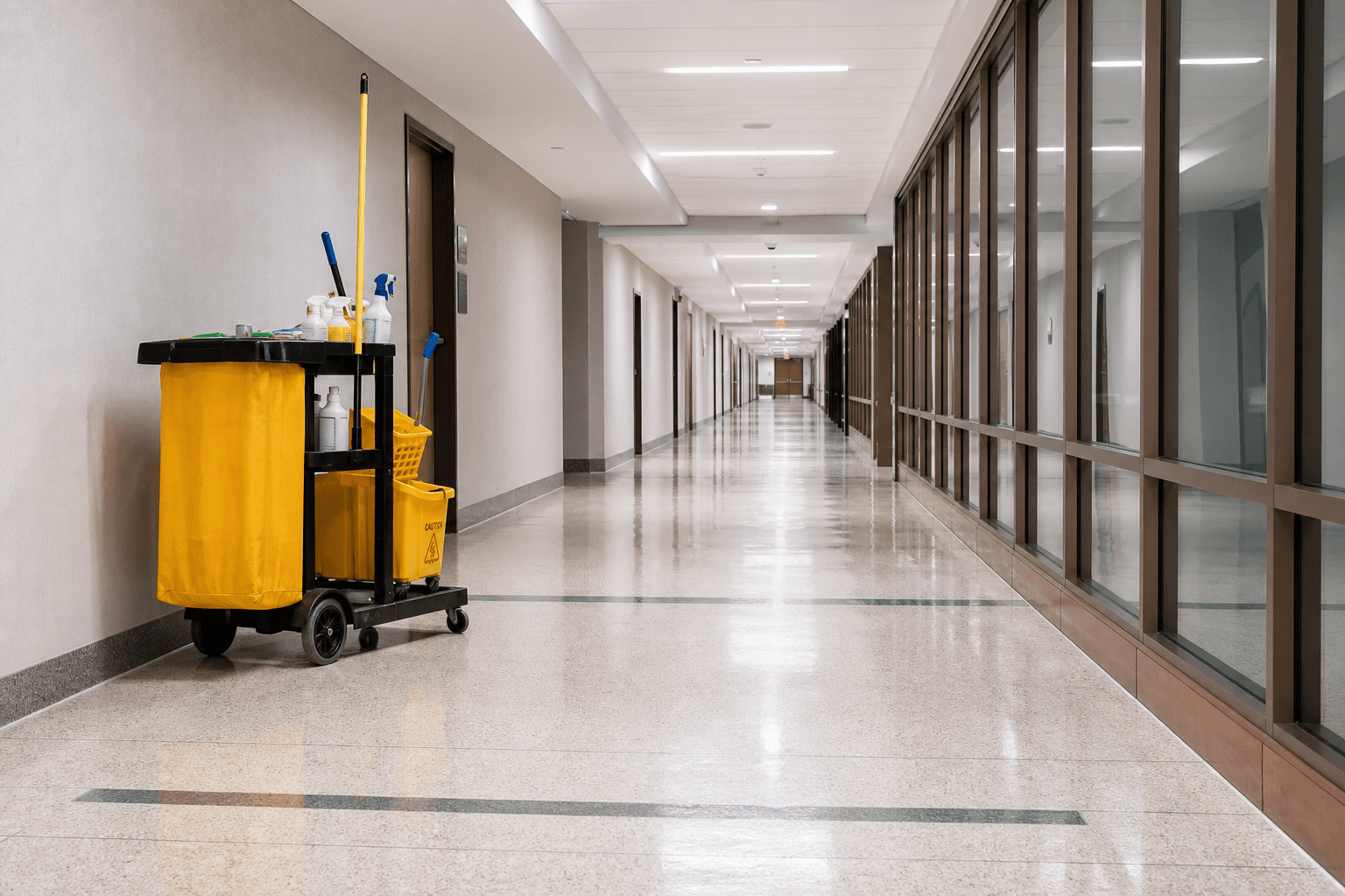 Empty high-traffic corridor with service cart parked to the side, no people