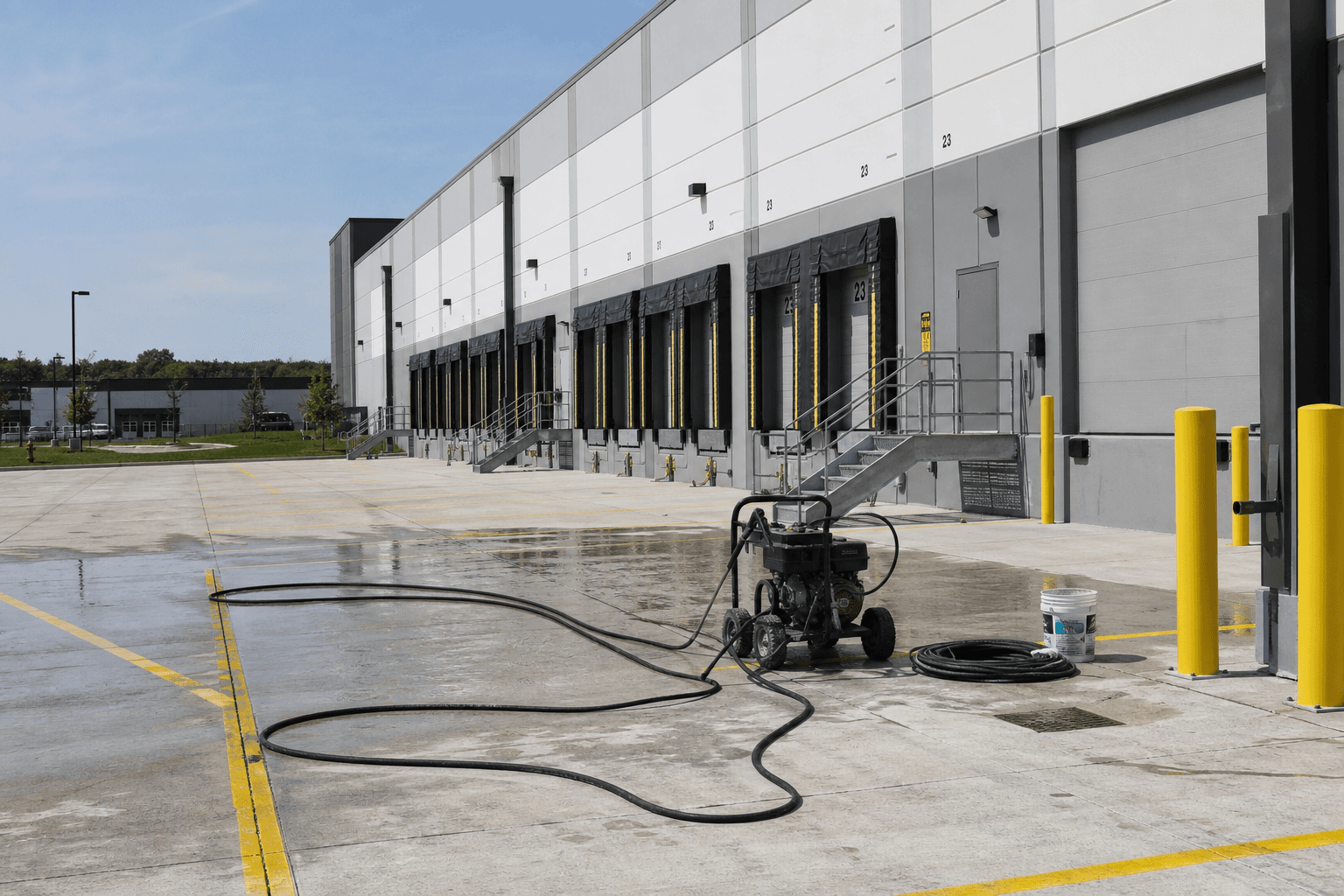 Wide commercial loading dock and concrete apron with pressure washer and hoses staged, daytime; no people