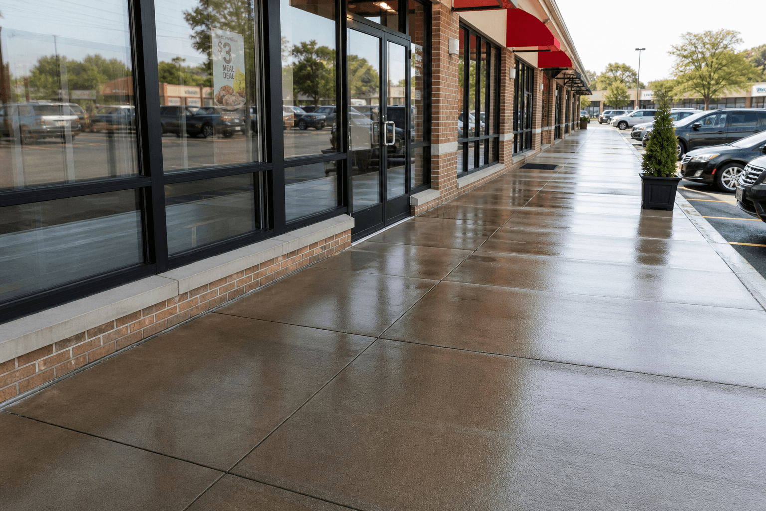 Exterior sidewalk and building approach with wet concrete after cleaning, storefront glass; no people